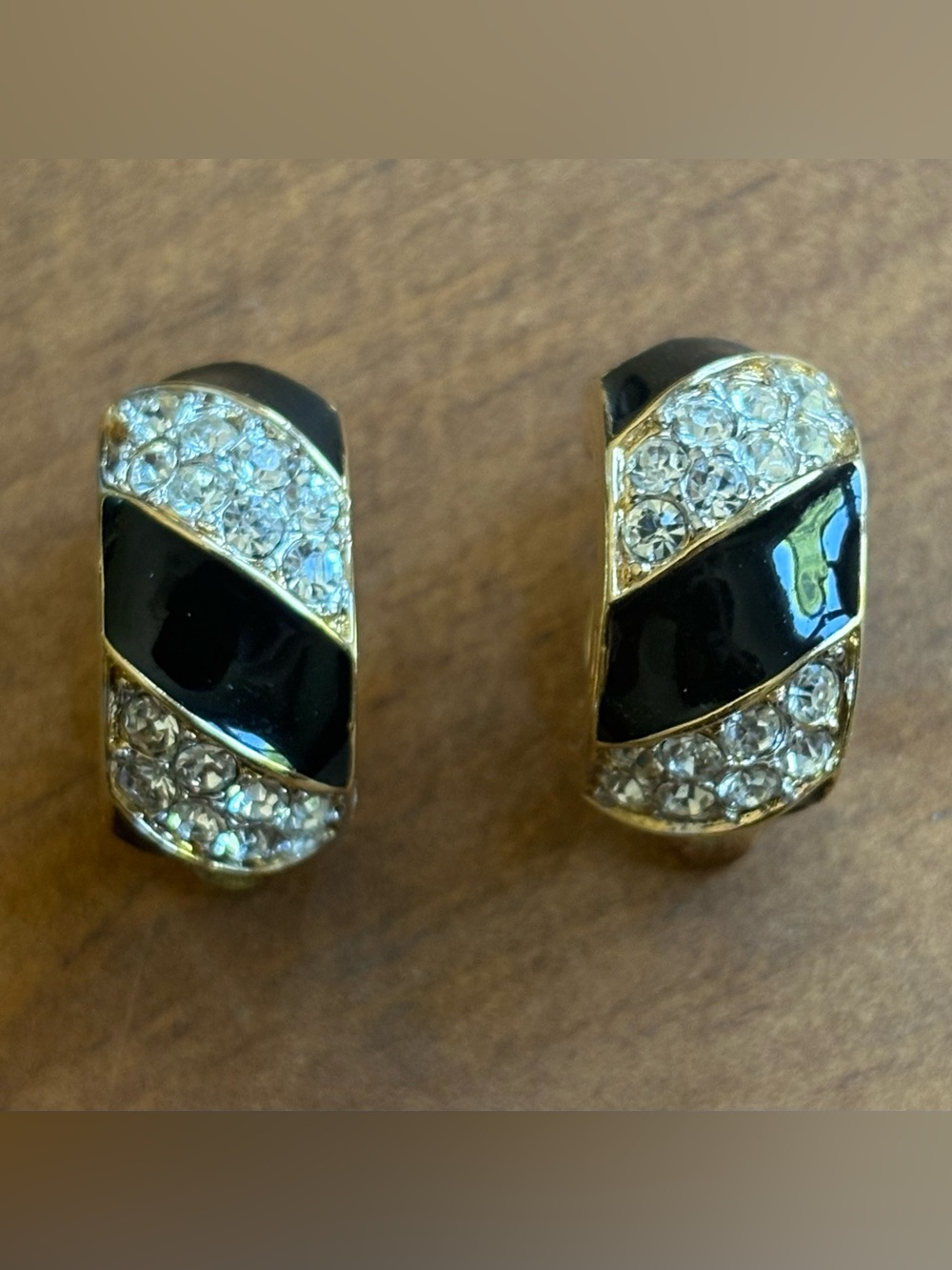 Nina Ricci Gold-Tone Black Enamel and Clear Crystal Huggie Earrings